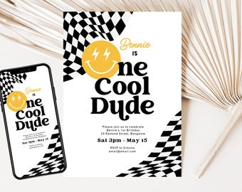 One Happy Dude 1st Birthday Invitation, Smiley Face, Race Car Theme (Instant Download) 006