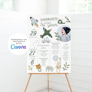 Cartel de cumpleaños de hito para niños, Plantilla de póster imprimible de primer año de bebé, Tablero de hito de 1.er cumpleaños de bebé, Collage de fotos de 1.er cumpleaños 202