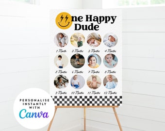 One Happy Dude Photo Board | 1st Birthday Milestone | Boy First Birthday | Happy Dude Birthday | 12 month photo Poster | Smiley Face 006