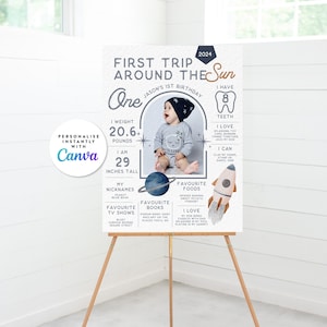 Letrero imprimible editable de primer cumpleaños con temática de cohete espacial, póster del espacio exterior, tablero para niña "Primer viaje alrededor del sol", plantilla editable 126