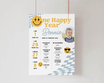 One Happy Year Birthday Poster | Cool Dude Emoji Checkered Pattern First Birthday (Digital Download) 006
