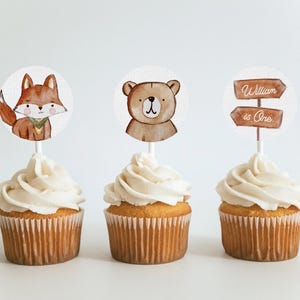 Woodland Cupcake Toppers Greenery Woodland Baby Shower Decor Woodland Birthday Decorations Forest Animals Editable Printable  612