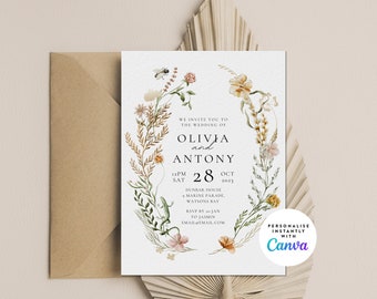 Wildflower Wedding Invitation Template, Printable Wedding Invitation, Floral Wedding Invitation, Wildflower Invitation, Floral Wreath 198