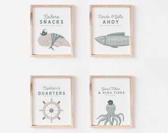 Nautical Birthday Table Signs, Whale Fish Ships Wheel Octopus Decor, Editable Canva Template, Ocean Party Wall Art, Instant Download 154