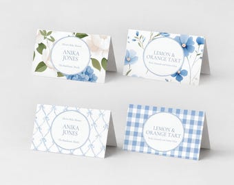 Blue Baby Shower Placecard Template, Floral Buffet Label Tent Cards Editable Printable Download 408