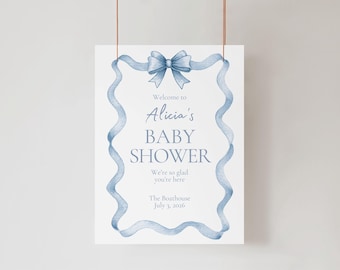 Blue Bow Coquette Baby Shower Welcome Sign Template, Blue Ribbon Boy Shower Welcome, Editable Printable Download 408