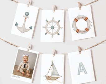 Nautical Photo Birthday Bunting Flags, Editable Canva Template, Sailboat Anchor Buoy Banner, Ocean Party Decor, Instant Download 154