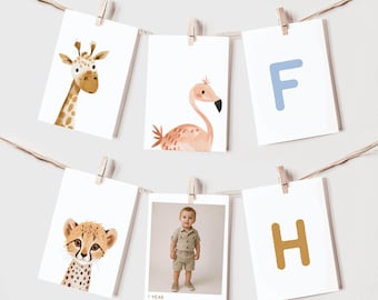 Safari Photo Birthday Bunting Flags, Editable Canva Template, Giraffe, Zebra, Flamingo Lion Banner, Safari Animals, Instant Download 193