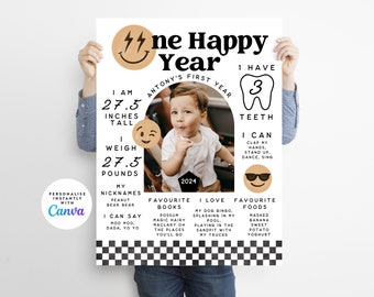 One Happy Dude Tan Beige | 1st Birthday Milestone | Boy First Birthday | Happy Dude Birthday | Milestone Poster | Smiley Face Birthday 006