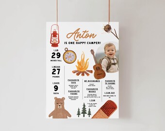 Happy Camper First Milestone Board, One Milestone Sign, Birthday Milestone Poster, Editable Canva Template, Birthday Party Decor 123