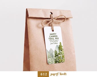 Happy Camper Trail Mix-gåvoetiketter | Skogsfest (redigerbar Canva-mall) 612