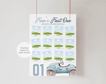 Vintage Race Car 12 Month Photo Board, First Birthday Milestone Poster (Instant Download) 005A