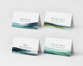 Nautical Food Labels – 4 Designs, Watercolor Coastal Wave Tent Cards, Ocean Place Cards, Editable Canva Template 133