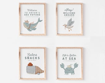 Nautical Birthday Table Signs, Whale Seagull Crab Decor, Editable Canva Template, Ocean Party Wall Art, Instant Download 154