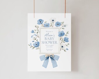 Floral Blue Baby Shower Welcome Sign Template, Wildflower Shower Frame Welcome, Editable Printable Download 408