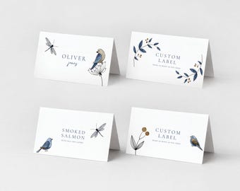 Birds Wildflowers Tent Cards, Floral Buffet Labels, Garden Party Place Cards (Editable Template) 520