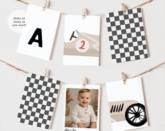Race Car Photo Banner, Editable Birthday Party Flags (Instant Download) Canva Template 005B