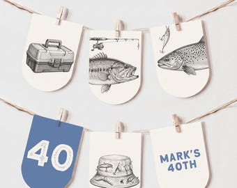 Fishing Party Decor | Happy Birthday Bunting Flag Garland | Editable Canva Template | Instant Download 011
