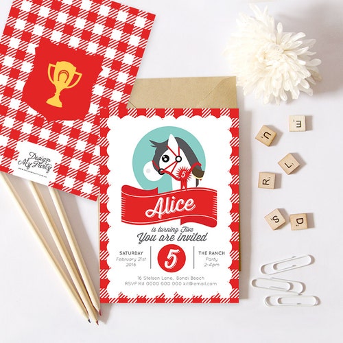 Horse/Pony Gingham Invitations (Personalised DIY Printables)