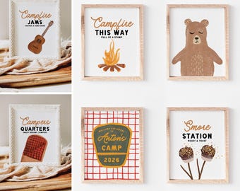 Camping Party Signs, S'mores Bear Birthday Decor, Editable Canva Template (Instant Download) 123