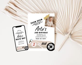 Race Car Birthday Invitation | Photo Invite | Editable Canva Templates (Instant Download) 005B