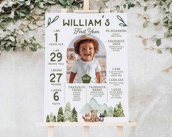 Woodland Animals First Birthday Milestone Poster, Editable Template, Forest Animal Birthday Sign, Digital Download 612