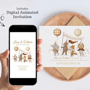Boho Party Animals Twins birthday Invitation,Elephant, Bear, Fox, Lion Birthday Invitation Editable Instant Download 125