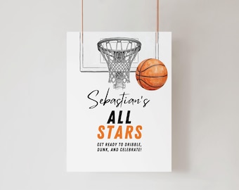 Peut inclure: Une affiche rectangulaire blanche avec un dessin au trait noir d'un panier de basket et un ballon de basket orange style aquarelle. Le texte indique : Sebastian's ALL STARS GET READY TO DRIBBLE, DUNK, AND CELEBRATE! en lettres noires et orange.