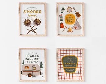 Editable Camping Signs, Glamping, Smores, food drink camping party theme signs, Summer camp posters  DIY Printable Instant Download 123