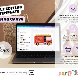Fire Truck Birthday Invitation, Fire Engine Fireman Party Invite (Canva Template) 115 image 3