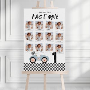 Fotobord raceauto | Mijlpaal 1e verjaardag | Eerste verjaardag jongen | Fotoposter van 12 maanden | 005