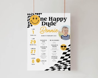 One Happy Dude 1st Birthday Milestone Board | Checkered Emoji Design (Digital Download) 006