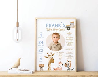 Wild One Milestone Board | Safari 1st Birthday Milestone | Boy First Birthday | Wild One Birthday | Milestone Poster | Canva Template 193