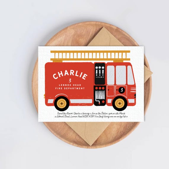 Fire Truck Birthday Invitation, Fire Engine Fireman Party Invite (Canva Template) 115