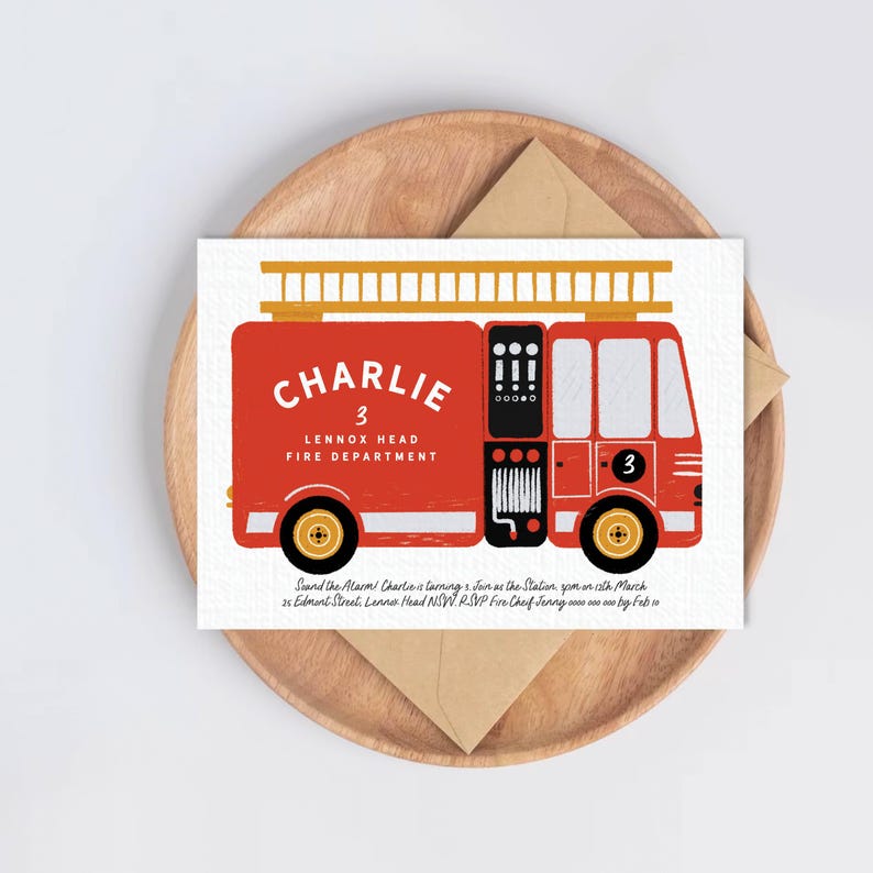 Fire Truck Birthday Invitation, Fire Engine Fireman Party Invite (Canva Template) 115 image 1