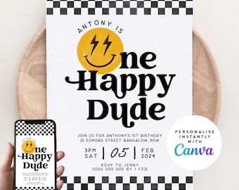 One Happy Dude Birthday Invite, Lightening Bolt Smiley Face Instant Download Invite, 1st Birthday Invitation Evite 006