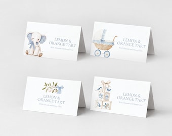 Blue Baby Shower Placecard Template, French Nursery Toys Buffet Label Tent Cards Editable Printable Download 408