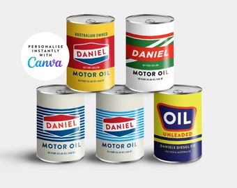 Etichette vintage per olio motore, modello stampabile fai-da-te per barattoli di latta (Canva)