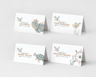 Nautical Food Labels, Whale & Turtle Tent Cards, Editable Canva Template, Ocean Party Buffet Labels, Instant Download 154