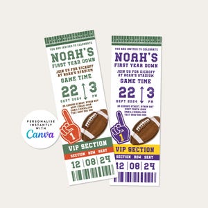 Football Ticket, Football Birthday Invitation Ticket Printable, First Year Down, Game On Invite, Canva Template 116