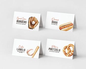 Baseball Food Labels, Sports Party Tent Cards, Editable Canva Template (Instant Download) 152B