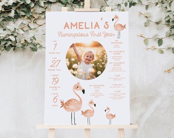 Flamingo Milestone Board | Flamingo 1st Birthday Milestone | Girl First Birthday | Milestone Poster | Canva Template 193