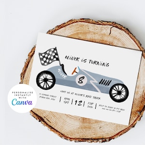 Uitnodiging raceauto, auto verjaardagsuitnodiging, raceauto uitnodigen, racewagen vintage raceauto Canva sjabloon Instant Download 005