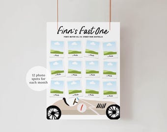 Race Car 12 Month Photo Board, First Birthday Milestone Poster (Instant Download) 005B