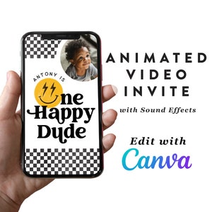 Un joyeux anniversaire de mec, une invitation animée en MP4, un smiley éclair en téléchargement immédiat, une invitation, 1er anniversaire d'invitation Evite 006