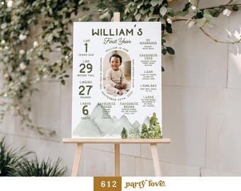 May include: A white milestone birthday sign for a one-year-old named William, featuring green mountain and pine tree illustrations at the bottom. The text includes personal details like age, height in inches, weight in pounds, and teeth count.