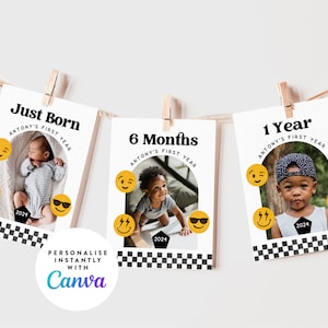 One Happy Dude Photo Banner, 12 Month Photo Bunting Flags Printable First Year Milestone Photos Banner Instant Download 006