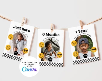 One Happy Dude Photo Banner, 12 Month Photo Bunting Flags Printable First Year Milestone Photos Banner Instant Download 006