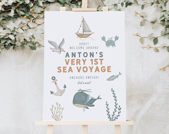 Nautical Birthday Welcome Sign, Editable Canva Template, Whale Sailboat Anchor, Instant Download 154