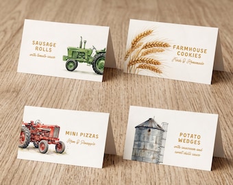 Red Green Tractor Birthday Place Cards Editable On the Farm Labels Canva Template, Instant Download 600